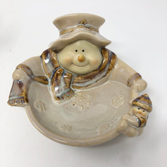 Snowman Candle Holder + Trinket Dish Set Beach - Vtg JC Penney Winter Snowmen - Picture 2 of 13